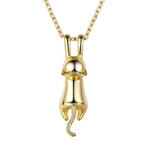 SILVERCUTE 925 Sterling Silber Kette für Damen Mädchen süße Katze Kätzchen Anhänger mit 46+5cm Rolokette Gelbgold überzogen Tier Schmuck für Valentinstag Jahrestag von SILVERCUTE