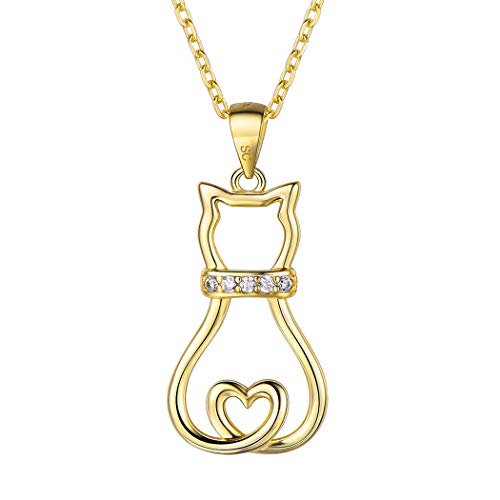 SILVERCUTE Collier 925 Sterlingsilber Süße Katze mit Herz Schwanz Anhänger mit Zirkonia für Damen Mädchen Gelbgold überzogen 46+5cm Rolokette Schmuck für Weihnachten Geburtstag von SILVERCUTE