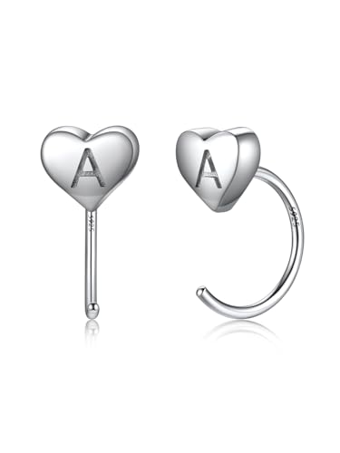 SILVERCUTE Creolen Damen Hoop Cuff Ohrstecker mit Buchstaben A Halb Kreis Huggie 925 Silber Herz Ohrringe Initiale Offen Half Circle Kreolen Minimalistisch Letter Earrings Modeschmuck für Freundin von SILVERCUTE