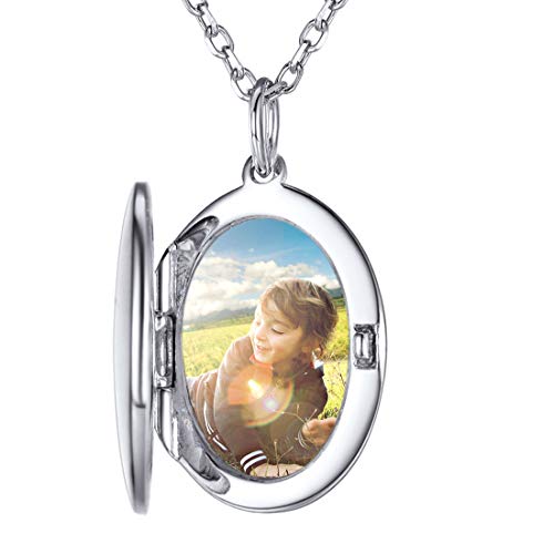 SILVERCUTE Damen Collier 925 Silber Foto Kette personalisiert Oval Anhänger Foto Bilder Medaillon zum Öffnen Mädchen Schmuck Accessoire einziges Geschenk für Valentinstag Jahrestag von SILVERCUTE