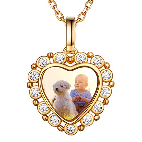 SILVERCUTE Damen Collier 925er Silber Foto Kette personalisiert Herz Anhänger mit Zirkonia 18k vergoldet 45+5cm Rolokette Mädchen Frauen Vintage Schmuck einziges Geschenk für Jahrestag von SILVERCUTE