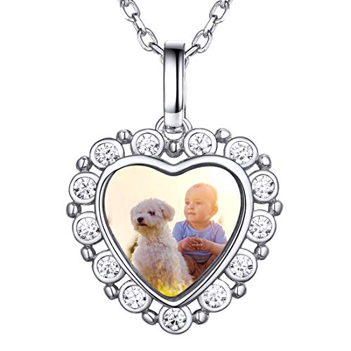 SILVERCUTE Damen Foto Gravur Kette 925 Sterling Silber personalisiert Herz Anhänger mit Zirkonia 1,5mm/45cm Rolokette Vintage Schmuck einziges Geschenk für Geburtstag Valentinstag von SILVERCUTE