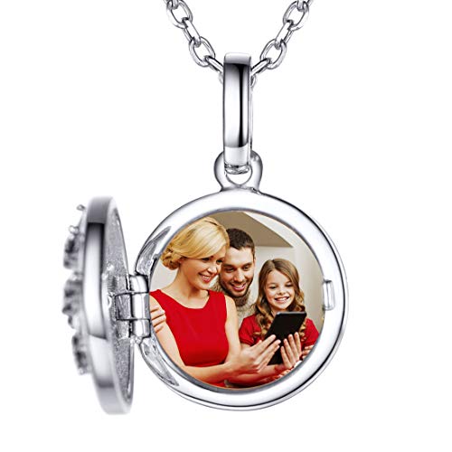 SILVERCUTE Damen Foto Kette 925 Silber Runde Anhänger zum Öffnen personalisiert Zirkonia Baum des Lebens Medaillon für Bilder 1,5mm/45cm Rolokette einziges Geschenk für Geburtstag von SILVERCUTE