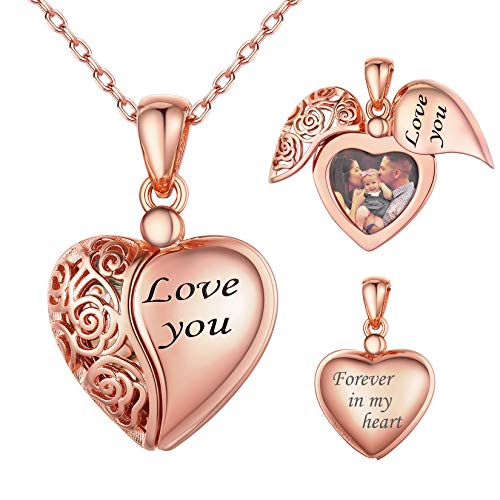 SILVERCUTE Damen Fotokette personalisierte Anhänger Silber 925 Rose Herz Medaillon zum Öffnen Bild Amulett Rosegold vergoldet Schmuck Accessoire für Weihnachten Valentinstag von SILVERCUTE