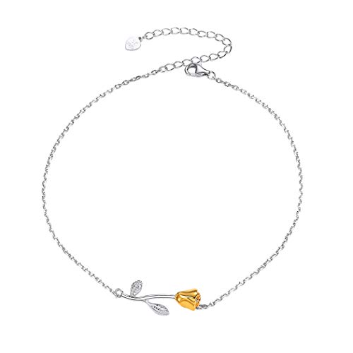 SILVERCUTE Damen Fußkette 18k vergoldet Rose Blume Charms Knöchel Armband 925 Sterling Silber Mädchen Fußkettchen 22+5cm verstellbar süße Sommer Strand Schmuck von SILVERCUTE