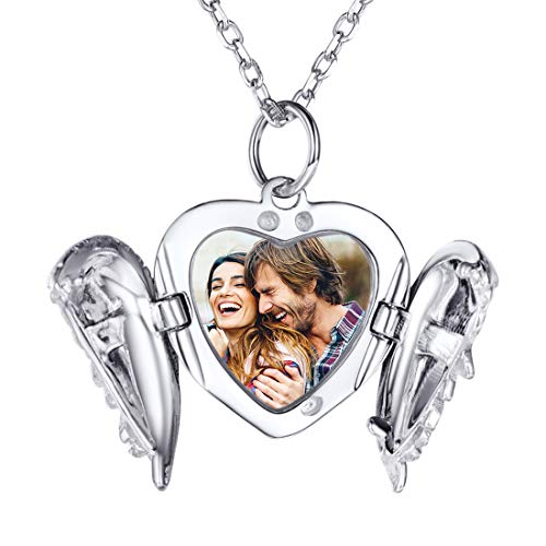 SILVERCUTE Damen Mädchen 925 Silber Foto Kette Engelsflügel Herz Anhänger zum Öffnen mit 45cm Kette personalisiert Medaillon Photo Bilder Amulett Geschenk für Valentinstag Weihnachten von SILVERCUTE