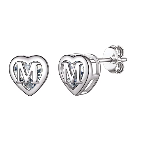 SILVERCUTE Damen Mädchen Ohrringe mit Buchstabe M 925er Silber Minimalist Herz Ohrstecker mit Zirkonia Initiale Ohr Piercing Schmuck für Weihnachten Valentinstag von SILVERCUTE