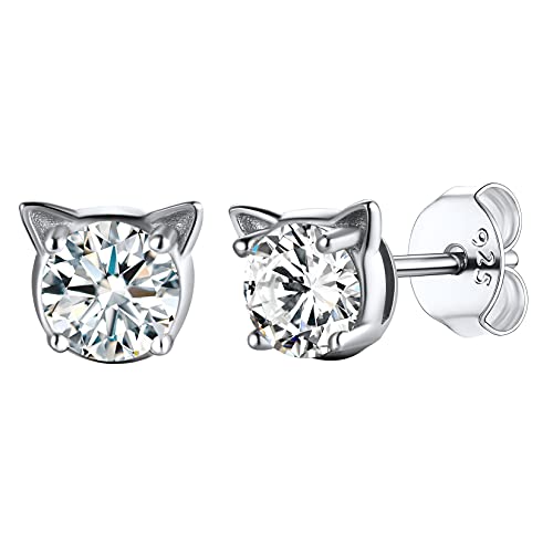 SILVERCUTE Damen Mädchen Ohrstecker mit Geburtsstein April 925er Silber Minimalist Kätzchenkopf Form Ear Studs Platiniert Ohrringe Ohrpiercing Schmuck für Weihnachten Valentinstag von SILVERCUTE