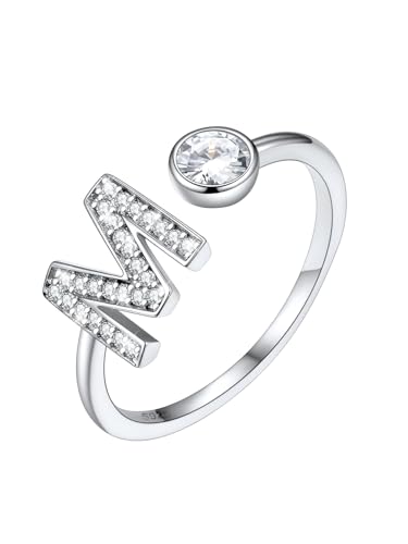 SILVERCUTE Damen Mädchen Statement Ring Buchstabe M 925er Silber Initiale Offener Ring mit Zirkonia verstellbar Fingerring Schmuck für Weihnachten Valentinstag von SILVERCUTE