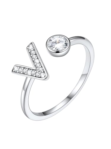 SILVERCUTE Damen Mädchen Statement Ring Buchstabe V 925er Silber Initiale Offener Ring mit Zirkonia verstellbar Fingerring Schmuck für Weihnachten Valentinstag von SILVERCUTE