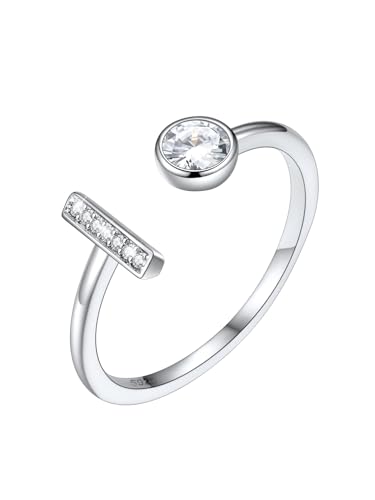 SILVERCUTE Damen Offener Ring Buchstaben I 925er Silber Zirkonia Initiale Statement Ring verstellbar Fingerring Schmuck für Weihnachten Jahrestag Geburtstag von SILVERCUTE
