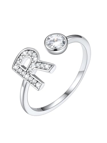 SILVERCUTE Damen Offener Ring Buchstaben R 925er Silber Zirkonia Initiale Statement Ring verstellbar Fingerring Schmuck für Weihnachten Jahrestag Geburtstag von SILVERCUTE