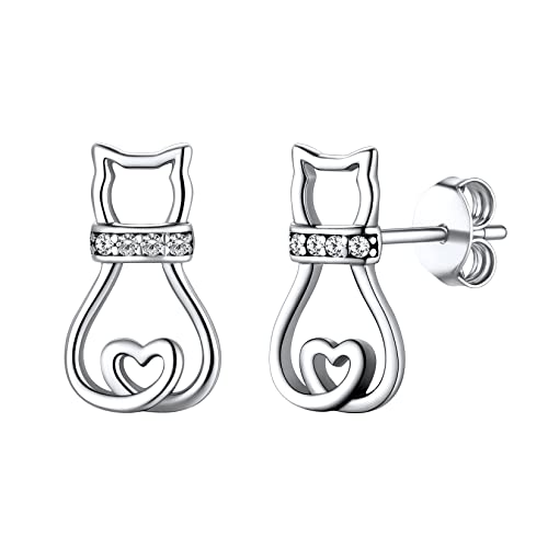 SILVERCUTE Damen Ohrringe 925 Sterlingsilber Katze mit Herz Schwanz Ohrstecker Weißgold überzogen mit Zirkonia süße Mädchen Katzeliebhaber Schmuck Accessoire für Weihnachten Geburtstag von SILVERCUTE