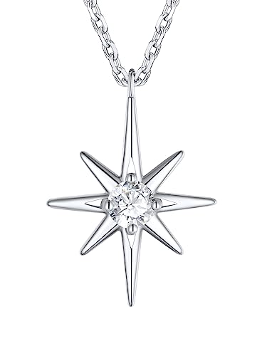 SILVERCUTE Damen Schlüsselbeinkette Starburst Geburtsstein Halskette Apr.Synthetisch weißes Zirkonium Anhänger Polarstern 925 Sterling Silber Einfach Modeschmuck für Frauen und Mädchen von SILVERCUTE