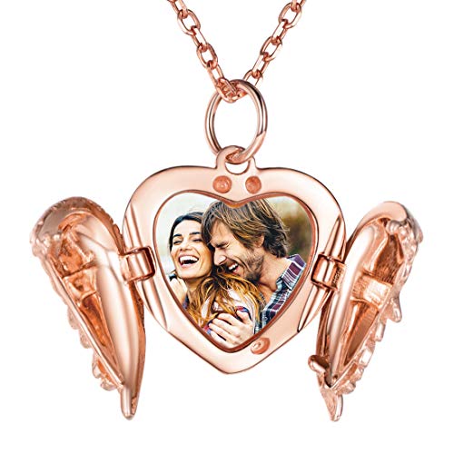 SILVERCUTE Damen personalisiert Foto Gravur Anhänger 925er Silber Engelsflügel Herz Medaillon zum Öffnen Rosegold vergoldet Bilder Amulett Schmuck einziges Geschenk für Valentinstag von SILVERCUTE