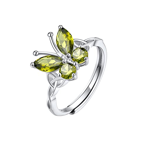 SILVERCUTE Einstellbare Schmetterling Ring 925 Silber Ring mit Geburtsstein Peridot August Fingerring Damen Einstellbare Schmetterlingsringe Verstellbare Fidget Siegelring Modeschmuck für Liebhaber von SILVERCUTE