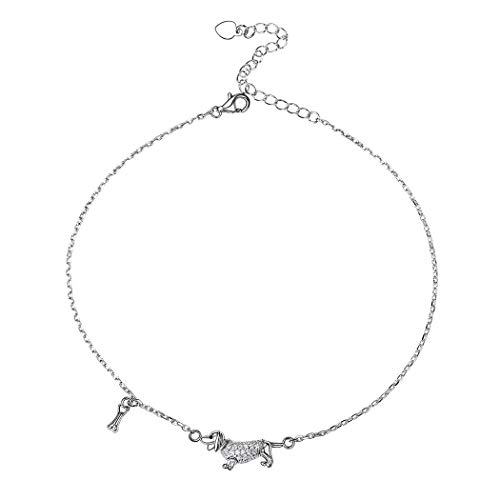 SILVERCUTE Fußkette aus 925 Sterlingsilber Knöchel Armband mit Dachshund und Knochen Charms 22+5cm verstellbar Fußkettchen Sommer Strand Schmuck Accessoire Geschenk für Damen Mädchen von SILVERCUTE