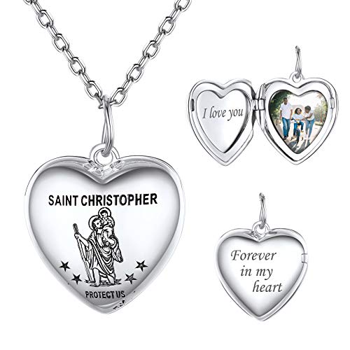 SILVERCUTE Heiliger Christopherus Foto Halskette personalisiert Herz Anhänger zum Öffnen mit 55cm Rolokette 925 Silber Herz Medaillon Photo Bild Amulett Schmuck für Valentinstag Weihnachten von SILVERCUTE