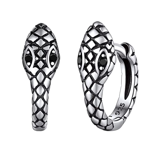 SILVERCUTE Huggie Ohrringe 925 Silber 8mm kleine Schlangen Creolen Schwarz Zirkonia Gotik Punk Ohr Schmuck Accessoire für Männer Frauen von SILVERCUTE