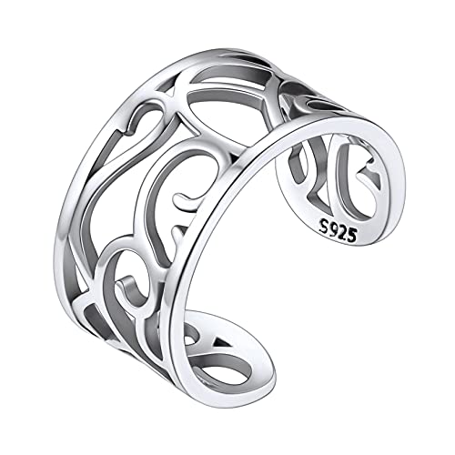 SILVERCUTE Offener Zehenring 8mm breit für Mädchen Frauen 925er Silber vintage hohle Muster Fuß Fingerring verstellbarer Zehen Ring Schmuck Accessoire für Sommerstrand von SILVERCUTE