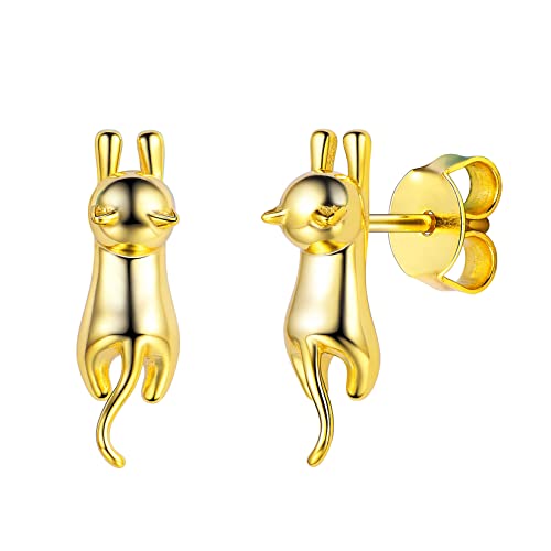 SILVERCUTE Ohrringe 925 Sterlingsilber Süße Katze Ohrstecker für Damen Mädchen Gelbgold überzogend Ohrschmuck Katzeliebhaber Ohrpiercing Accessoire für Weihnachten Geburtstag von SILVERCUTE