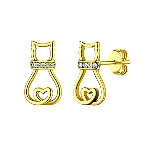 SILVERCUTE Ohrringe 925 Sterlingsilber Süße Katze mit Herz Schwanz Ohrstecker für Damen Mädchen Gelbgold überzogen mit Zirkonia Ohrschmuck Katzeliebhaber Accessoire für Weihnachten Geburtstag von SILVERCUTE