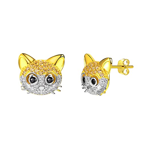 SILVERCUTE Ohrringe 925 Sterlingsilber Süße Orange Katze Ohrstecker für Damen Gelbgold überzogen mit Zirkonia zweifarbig Ohrschmuck Katzeliebhaber Ohrpiercing Accessoire für Geburtstag von SILVERCUTE