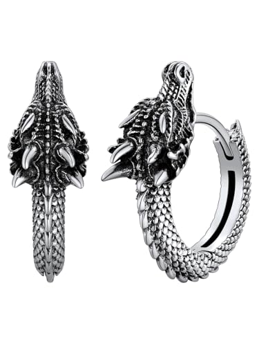 SILVERCUTE Ohrringe Männer Herren Vintage Drachen Ohrringe S925 Silber Creolen Huggie Kreolen Ohrstecker Earrings Men Ohr Piercing Ohrschmuck Coole Gotik Punk Modeschmuck für Vater Damen Karneval von SILVERCUTE