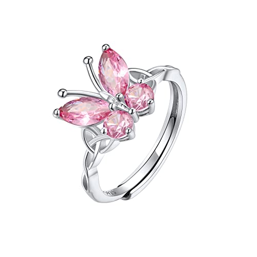 SILVERCUTE Schmetterling Keltischer Knoten Verstellbar Ring für Mädchen Niedlicher Fingerring mit Geburtsstein Turmalin Einstellbar Glücksring 925 Statement Ring mit Zirkonia Schmuck für Verlobte von SILVERCUTE