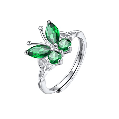 SILVERCUTE Schmetterling Keltischer Knoten Verstellbarer Ring für Mädchen Niedlicher Fingerring mit Geburtsstein Smaragd Einstellbare Glücksring 925 Verlobungsring Siegelring Modeschmuck für Freunde von SILVERCUTE