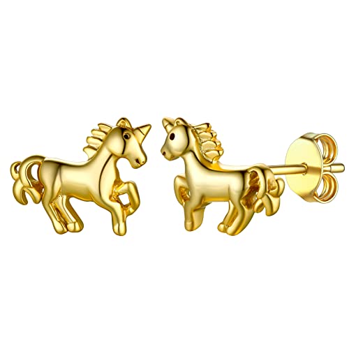 SILVERCUTE Silber 925 Einhorn Ohrringe Schmuck für Mädchen Frauen Gelbgold überzogend Ohrstecker Stud Earrings Accessoire für Weinhnachten Valentinestag Geburtstag von SILVERCUTE