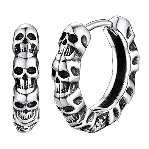 SILVERCUTE Silber 925 Gotik Biker Huggie Ohrringe Totenköpfe Design kleine Creolen Totenschädel Punk Stil Schmuck Accessoire für Damen Herren von SILVERCUTE