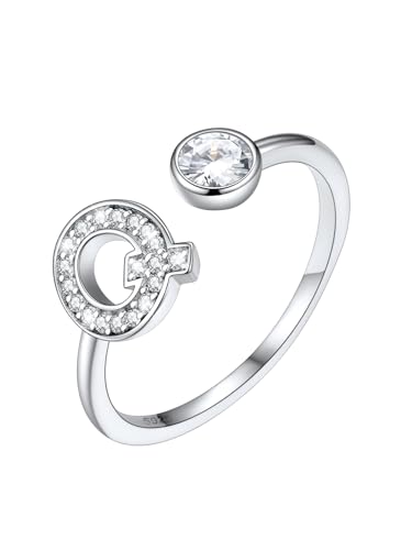 SILVERCUTE Silber 925 Offener Ring mit Zirkonia Buchstaben Damen Initiale Q verstellbar Statement Ring Finger Schmuck Accessoire für Valentinstag Weihnachten von SILVERCUTE