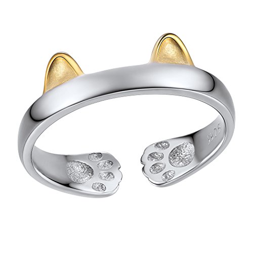 SILVERCUTE Damen Ring Kätzchen Katze Fingerring mit Katzeohren verstellbar Ring 925 Sterling Silber offener Ring 18k vergoldet Süßer zweifarbiger Statement Ring Schmuck für Tochter Oma von SILVERCUTE