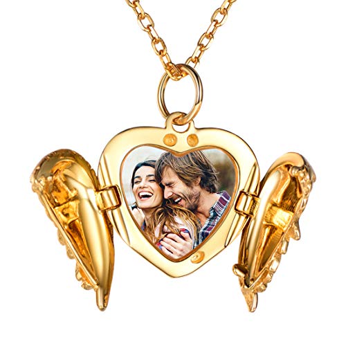 SILVERCUTE personalisiert Foto Kette 925er Silber Anhänger mit Rolokette 18k vergoldet Engelsflügel Herz Medaillon für Photo Bilder Amulett Modeschmuck für Valentinstag Muttertag von SILVERCUTE