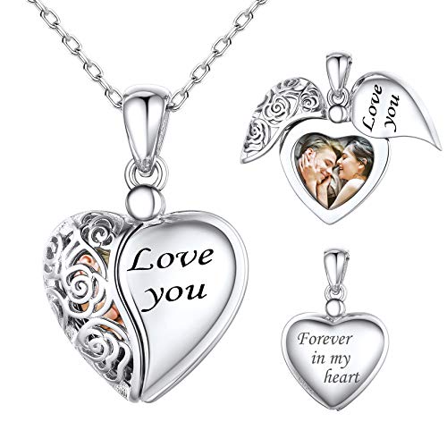 SILVERCUTE personalisiert Fotokette Herz Anhänger Halskette für Damen 925 Silber Rose Medaillon zum Öffnen Photo Bild Amulett Herzanhänger Schmuck für Valentinstag Muttertag von SILVERCUTE