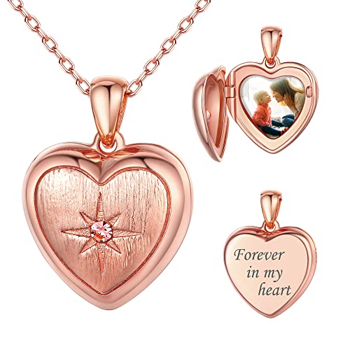 SILVERCUTE personalisiert Fotokette mit Geburtsstein Damen 925 Silber Herz Medaillon zum Öffnen Photo Bild Amulett Halskette Schmuck Rosegold vergoldet Schmuck für Weihnachten Valentinstag von SILVERCUTE