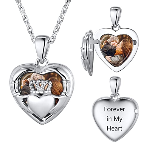 SILVERCUTE personalisiert Irisches Claddagh Herz Anhänger für Damen 925 Silber Foto Kette Herz Medaillon zum Öffnen mit Rolokette Photo Bild Amulett Schmuck für Valentinstag Muttertag von SILVERCUTE