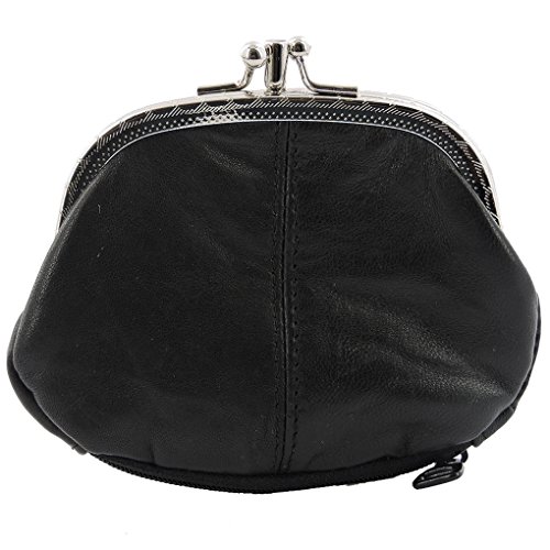 SILVERFEVER Geldbörse aus Leder mit Kisslock-Verschluss – handgefertigtes echtes Lammfell, Schwarz, 2 Comp, 1 Tasche, 3.5*4.5" von SILVERFEVER