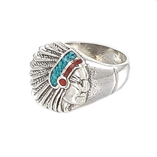 Indianerschmuck Ring Chip Inlay Türkis Koralle Häuptling Indianer Westernschmuck Indianerring Navajo Style Silver Fox (63 (20.1)) von SILVERFOX