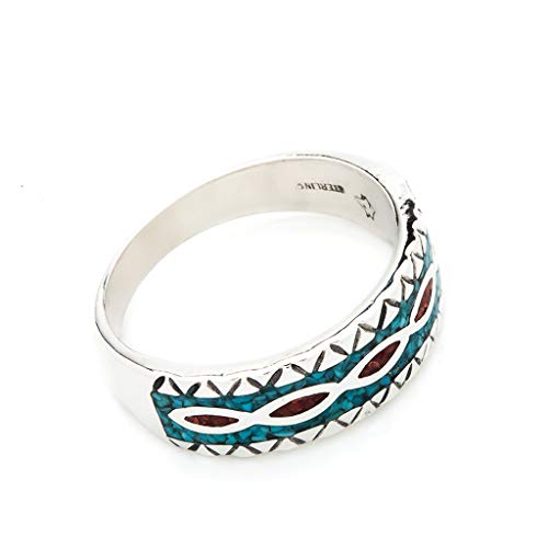 SILVERFOX Indianerschmuck Ring Türkis Koralle Chip Inlay Westernschmuck Indianerring Navajo Style (57 (18.1)) von SILVERFOX