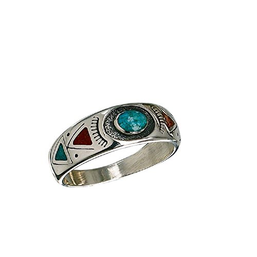Indianerschmuck Ring Türkis Koralle Chip Inlay Westernschmuck Indianerring Navajo Style Silver Fox Folkloreschmuck (17,5) von SILVERFOX