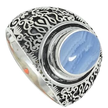 Blauer Spitzenachat Edelstein 925 Sterling Silber Stilvoller Handgefertigter Band Ring Geschenkartikel Herren und Damen Schmuck SILVERTROVE ERG1220CG10_(56 (17.8)) von SILVERNROCK