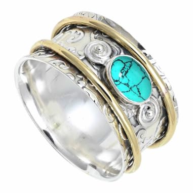 Im Labor hergestelltes Türkis Edelstein 925 Sterling Silber Spinnerring Herren und Damen Meditationsring handgefertigter Schmuck ERG1212BU3_(49 (15.6)) von SILVERNROCK