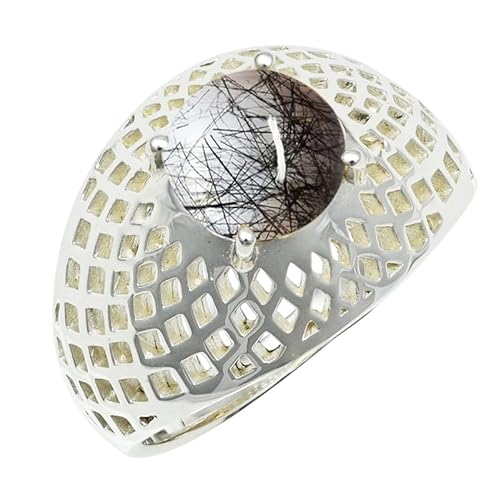 Laborgezüchteter schwarzer Rutilquarz Edelstein 925 Sterling Silber Stilvoller Handgefertigter Band Ring Herren und Damen Schmuck ERG1256BL18_(64 (20.4)) von SILVERNROCK
