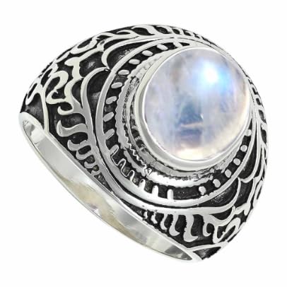 Regenbogen-Mondstein Edelstein 925 Sterling Silber Stilvoller Handgefertigter Band Ring Herren und Damen Schmuck ERG1219BO16_(62 (19.7)) von SILVERNROCK