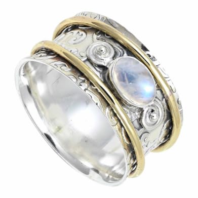 Regenbogen-Mondstein Edelstein Ring Herren und Damen Spinner Ring 925 Sterling Silber Meditationsring handgefertigter Schmuck ERG1212BO13_(59 (18.8)) von SILVERNROCK