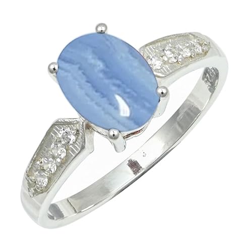 SILVERNROCK Blauer Spitzen-Achat-Ring aus massivem 925er-Sterlingsilber, Stein-Bandring, handgefertigt, für Herren und Damen, Schmuck ERG1250CG_72 (22.9) von SILVERNROCK