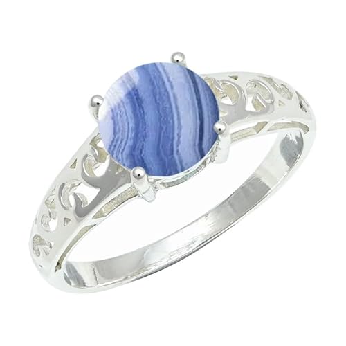 SILVERNROCK Blauer Spitzen-Achat-Ring aus massivem 925er-Sterlingsilber, Stein-Bandring, handgefertigt, für Herren und Damen, Schmuck ERG1254CG_68 (21.6) von SILVERNROCK
