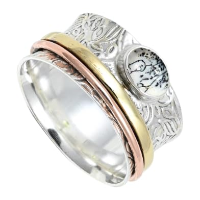 SILVERNROCK Dendrit-Opal-Edelstein-Spinnerring, 925er Sterlingsilber Meditationsring für Männer und Frauen alle Größen, handgefertigter Schmuck ERG1215CI10_(56 (17.8)) von SILVERNROCK